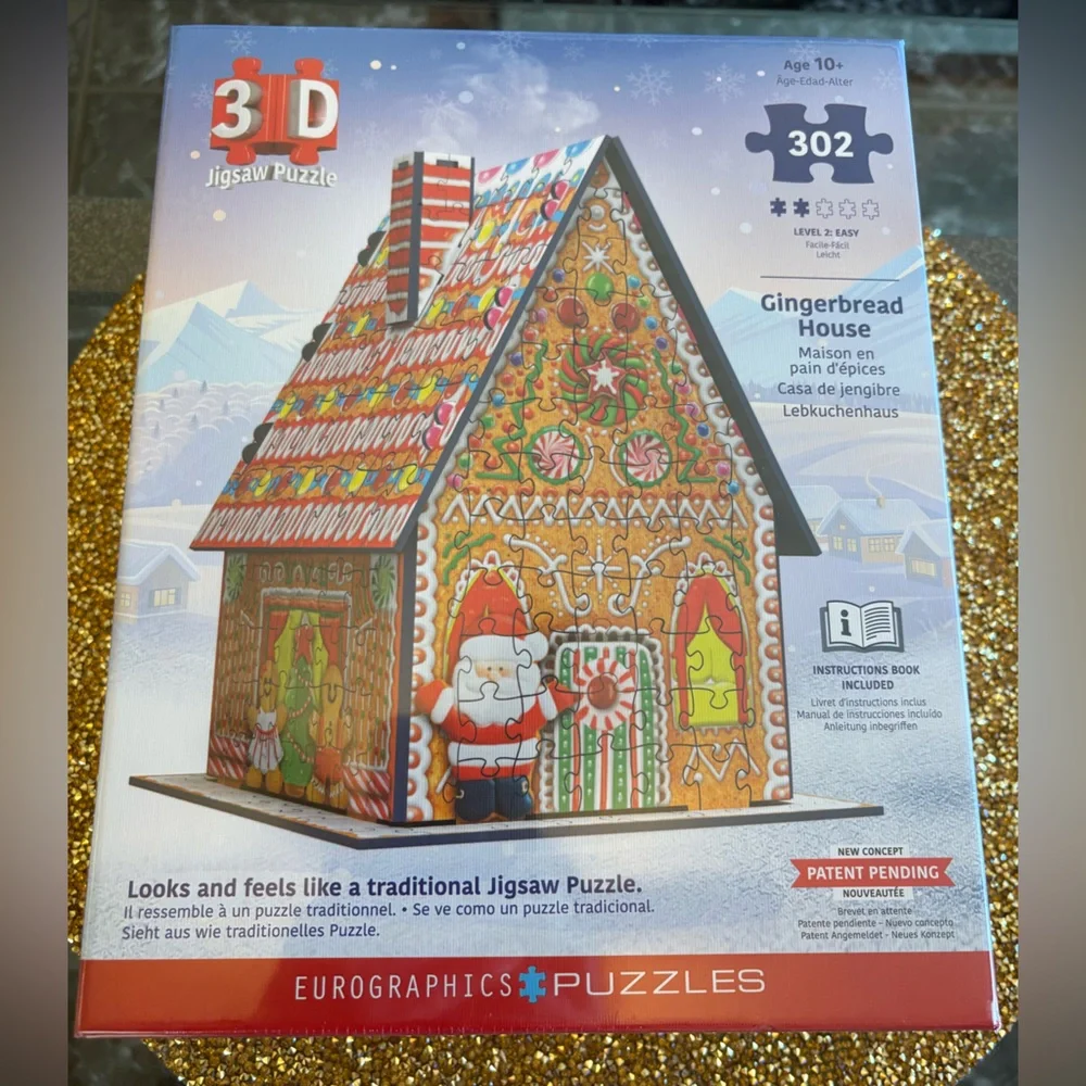 EuroGraphics NWT 3D Gingerbread House Puzzle 302 pieces. Age 10+. Instructions.